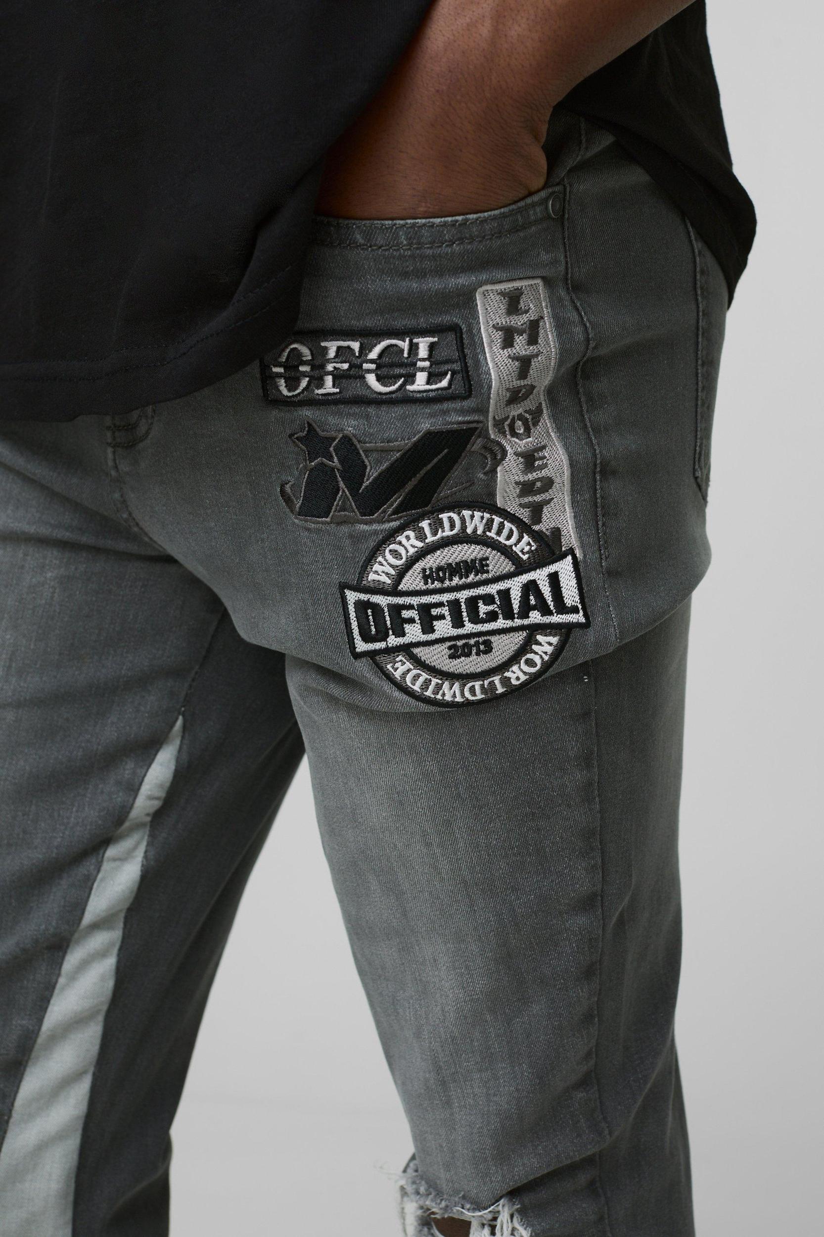 Skinny Gusset Moto Applique Badge Ripped Jeans | boohooMAN USA Product Image
