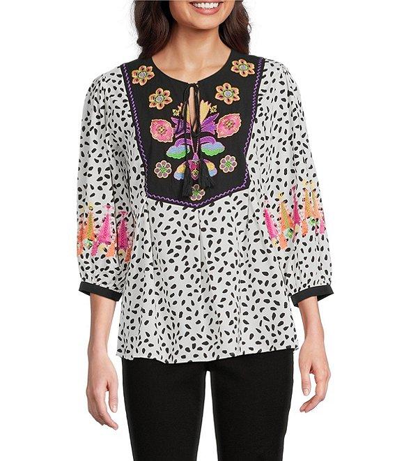 Calessa Embroidered Floral Round Split Neck 3/4 Sleeve Tassel Tie Tunic Product Image