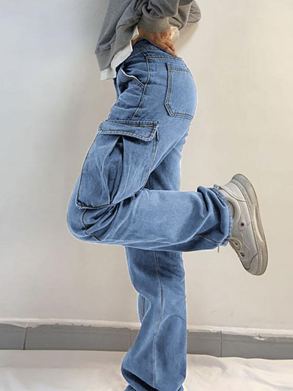 Washed Mid Waist Pocket Cargo Jeans Product Image