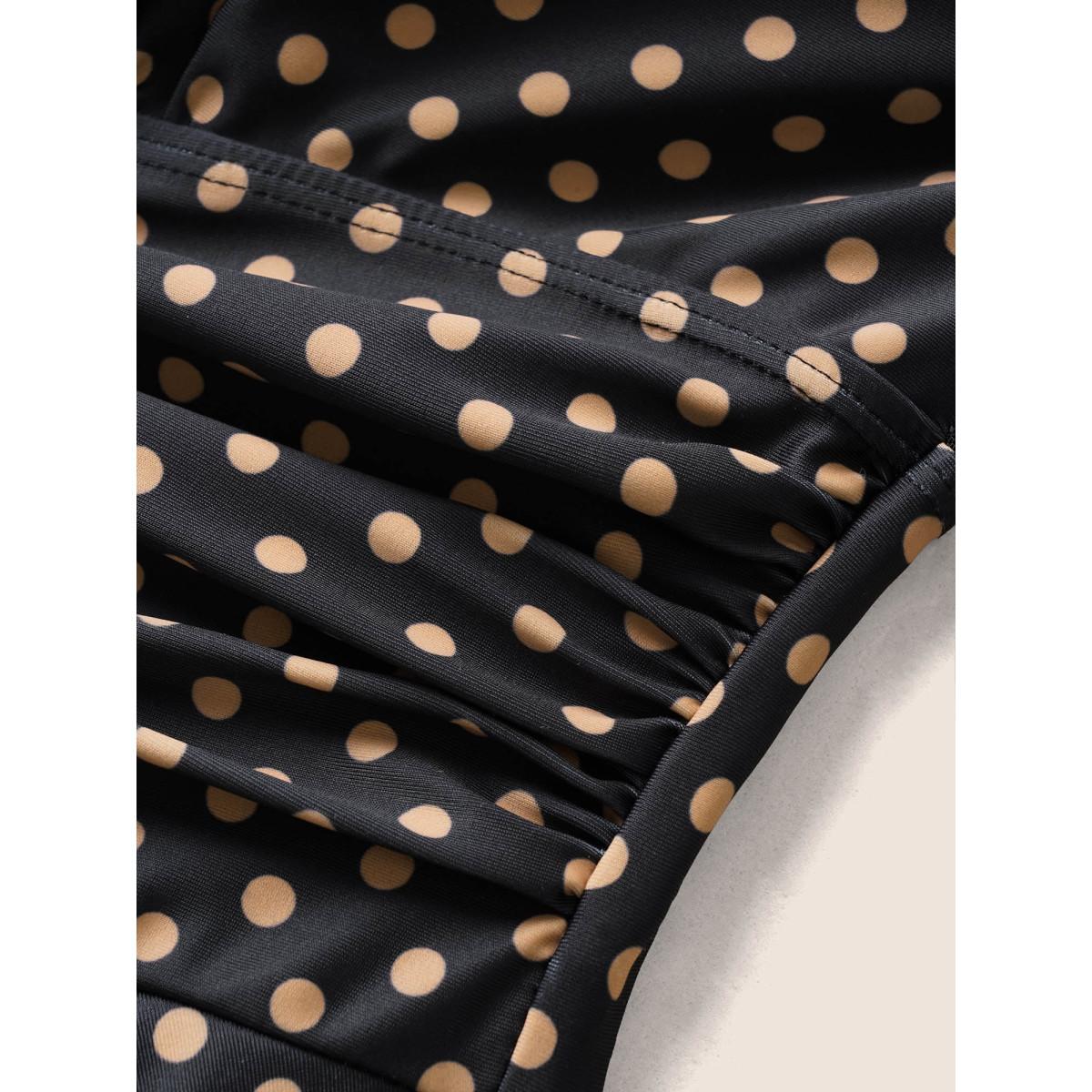 Plus Size Polka Dot Halter Neck Gathered Swim Dress Women's Swimwear Black Beach Bodycon Halter neck High stretch Curve Swim Dresses BloomChic 10/M Product Image