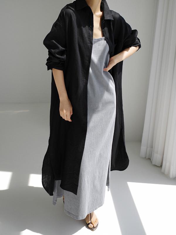 Simple Long Sleeves Split-Side Solid Color Lapel Midi Dresses Shirt Dress Product Image