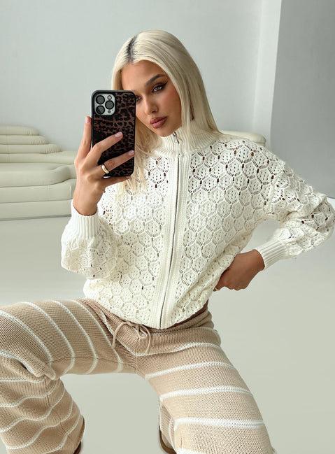 Sirena Zip Through Knit Sweater Cream Product Image