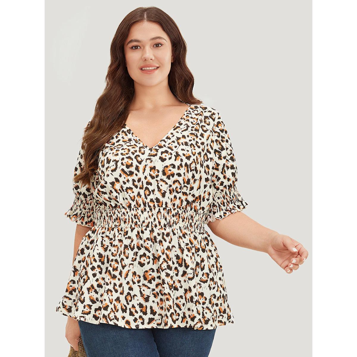 Plus Size Beige Leopard Print Shirred Puff Sleeve Ruffle Sleeve Blouse Women Glamour Short sleeve V-neck Going out Blouses BloomChic 10/M Product Image