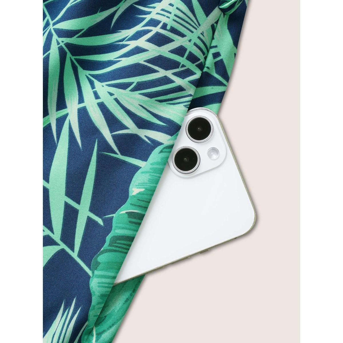 Plus Size Indigo Tropical Print Button Up Belted Jumpsuit Women Resort Short sleeve V-neck Vacation Loose Jumpsuits BloomChic 12/L Product Image