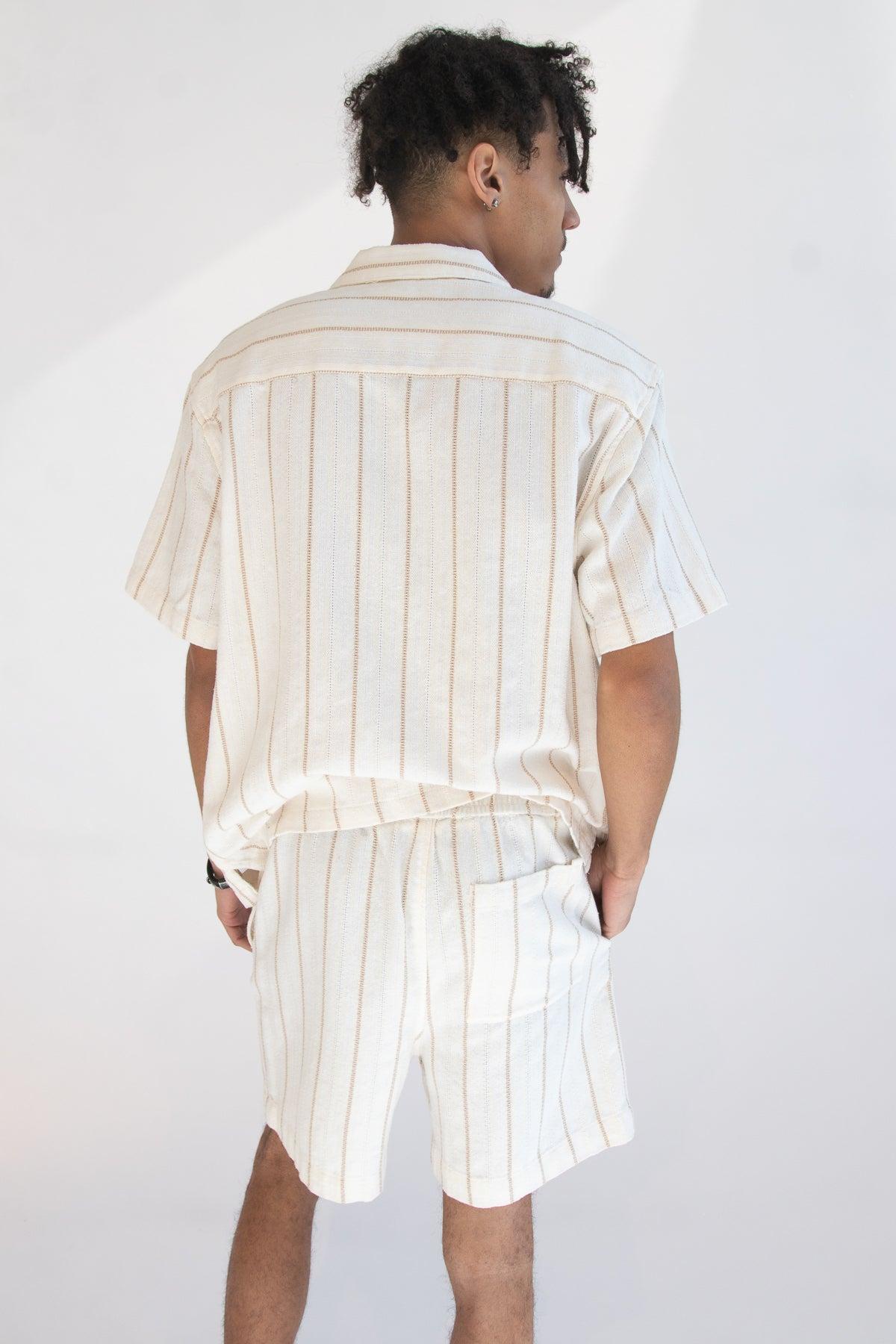 Khaki & White Striped Textured Button Up Shirt Product Image