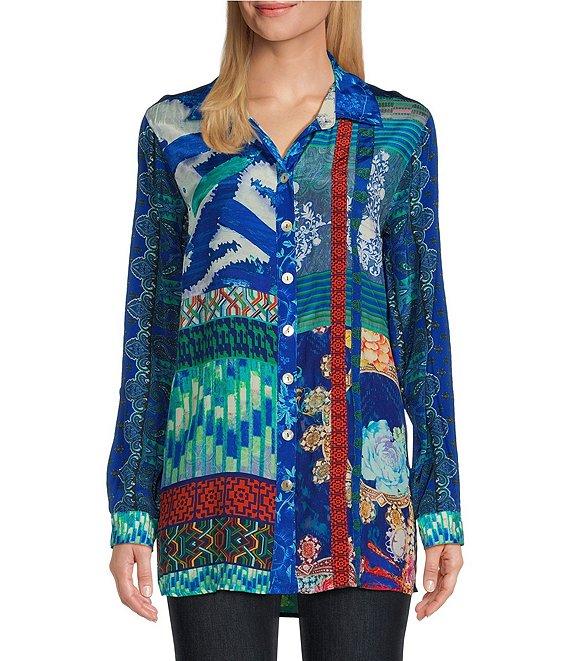 John Mark Woven Printed Point Collar Long Roll-Tab Sleeve Button-Front Tunic Product Image