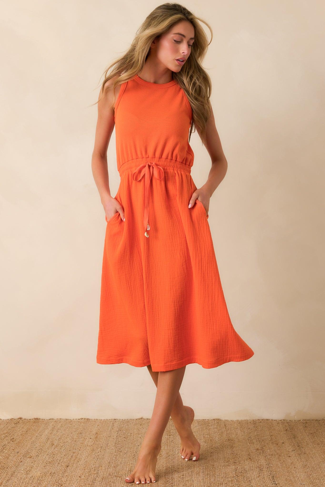 Paradisa Bonita Orange Cotton Sleeveless Midi Dress Product Image