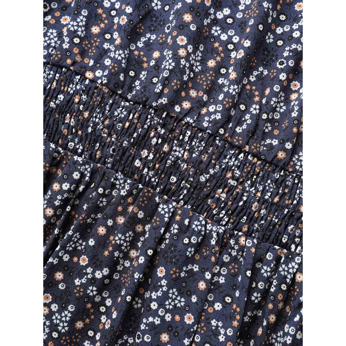 Plus Size Ditsy Floral V Neck Shirred Dress Mediumblue Women Elegant Shirred V-neck Long Sleeve Curvy BloomChic 26/4X Product Image