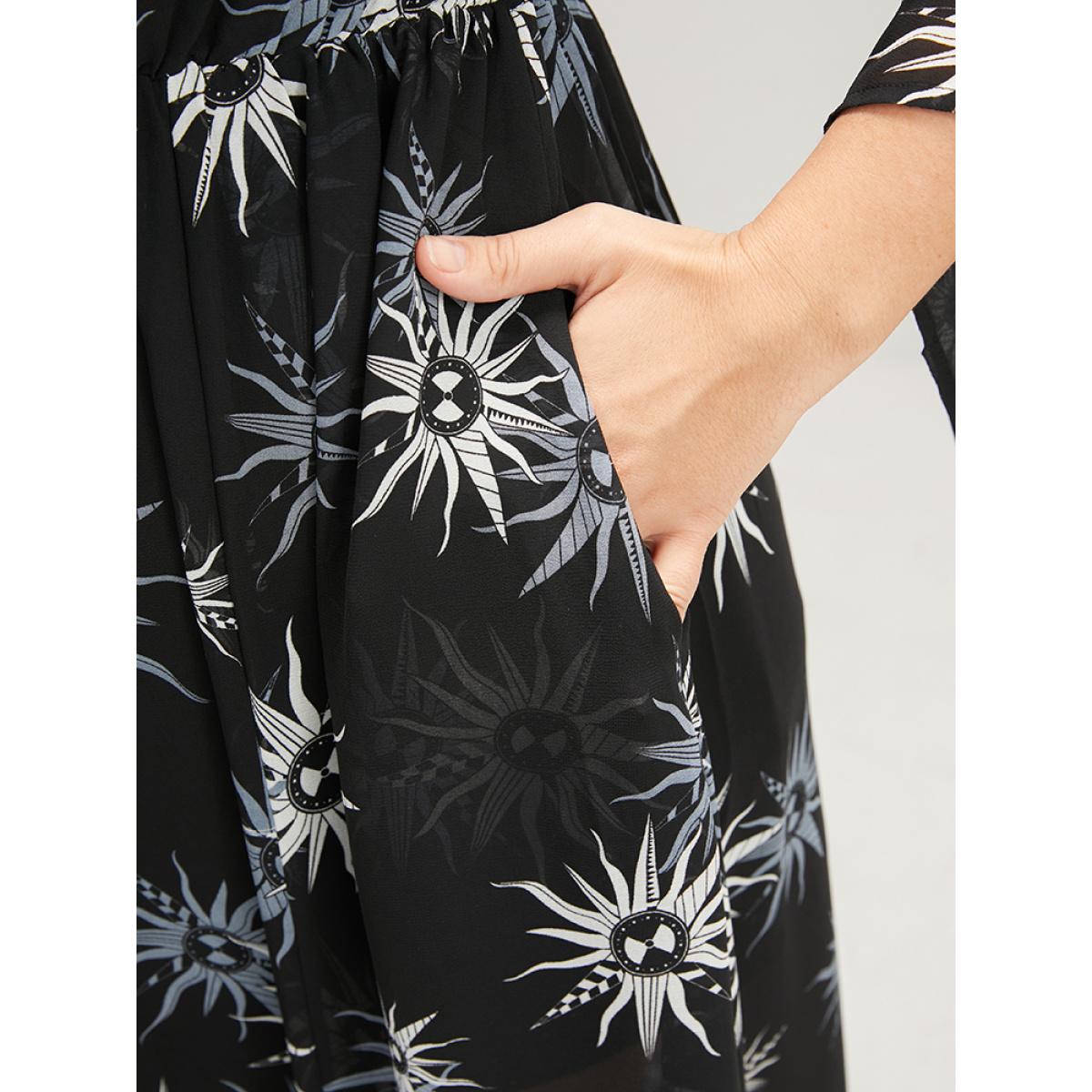 Plus Size Halloween Sun Print Bell Sleeve Mesh Split Dress Black Women Party Gathered V-neck Long Sleeve Curvy Midi Dress BloomChic 14-16/1X Product Image