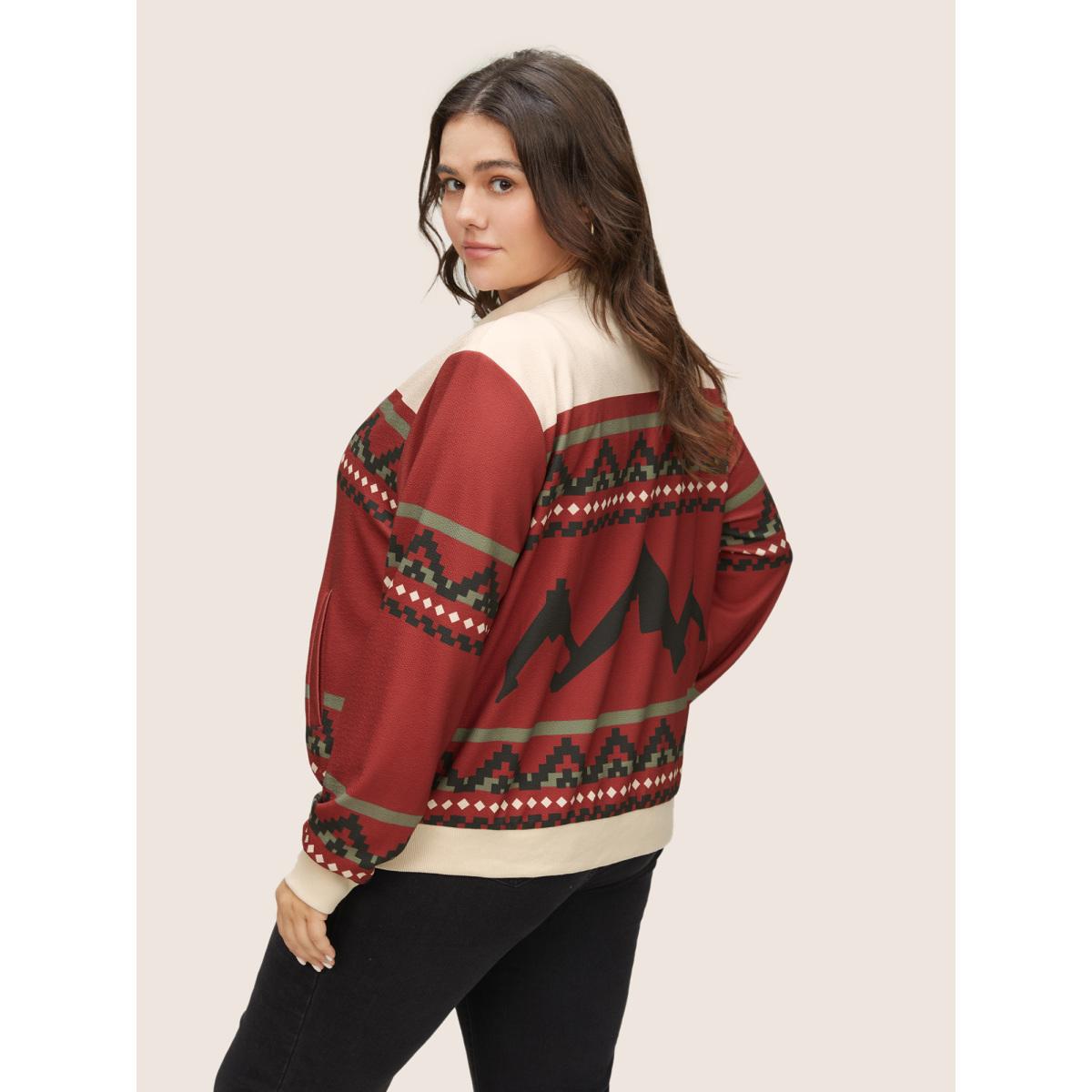Plus Size Colorblock Rib Knit Pocket Zipper Fly Jacket Women Scarlet Non Slanted pocket Everyday Jackets BloomChic 10/M Product Image