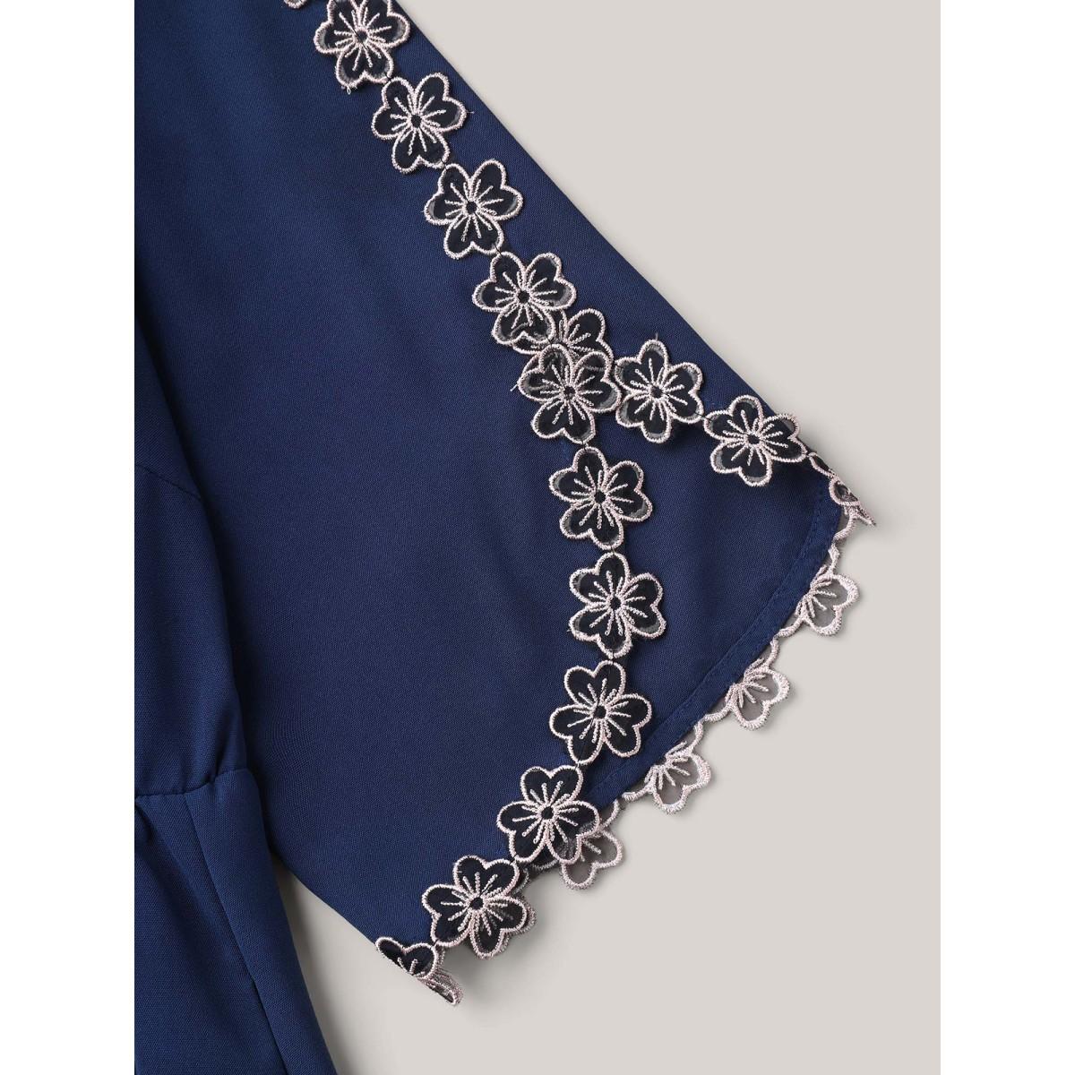 Plus Size Lace Detail Trumpet Sleeve Midi Dress DarkBlue Women Office Overlapping Boat Neck Elbow-length sleeve Curvy BloomChic 28/5X Product Image