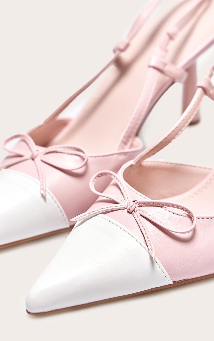 Pink and White Pu Point Toe Bow Detail High Stiletto Court Heels Product Image
