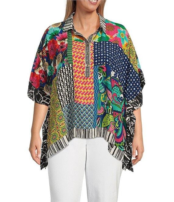 John Mark Plus Size Woven Multi Patch Print Collared Short Sleeve Tunic Product Image