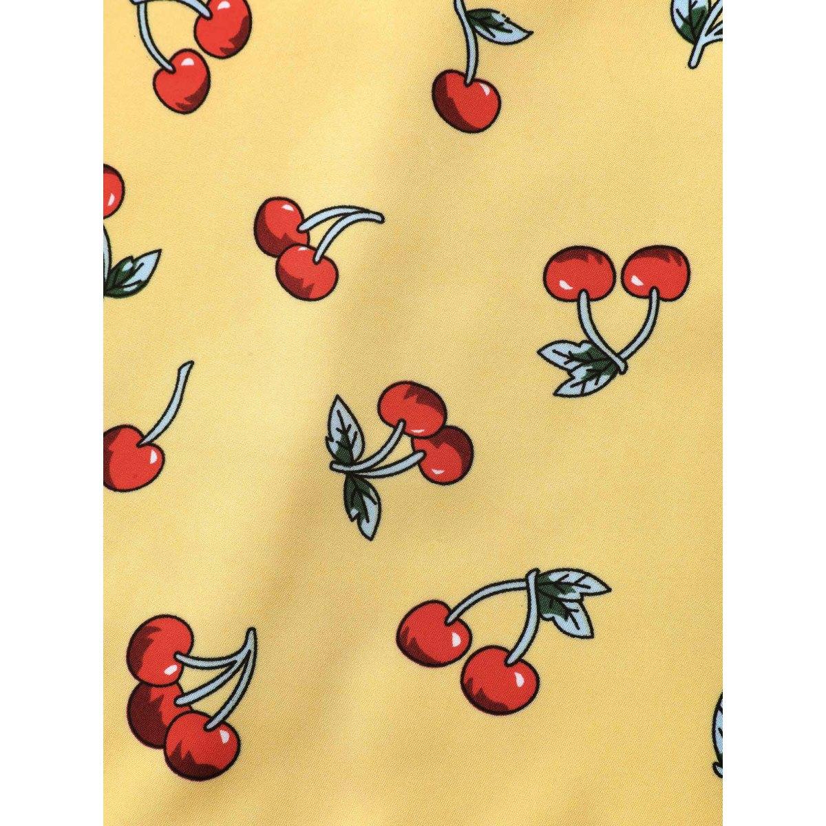 Plus Size Cherry Print Stretchy Cinched-Waist Midi Dress Lemonyellow Women Timeless V-neck Short sleeve Curvy BloomChic 28/5X Product Image