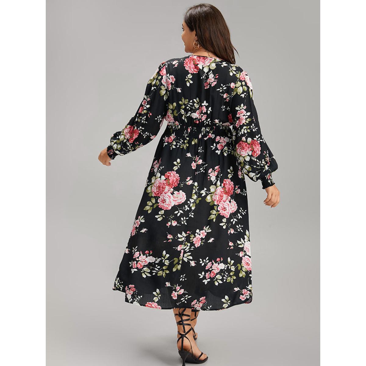 Plus Size Supersoft Essentials Floral Pocket Shirred Dress Black Women Elegant Wrap Overlap Collar Long Sleeve Curvy Midi Dress BloomChic 26/4X Product Image