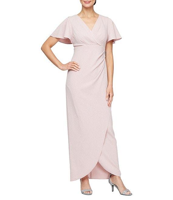 Ignite Evenings Short Flutter Sleeve V-Neck Glitter Knit Empire Embellished Waist Faux Wrap Maxi Dress Product Image