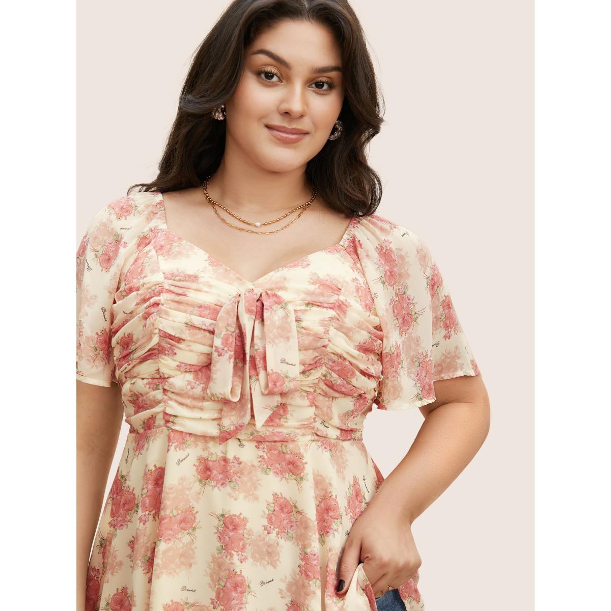 Plus Size Blush Heart Neckline Floral Tie Knot Ruched Blouse Women Elegant Short sleeve Heart neckline Everyday Blouses BloomChic 18-20/2X Product Image