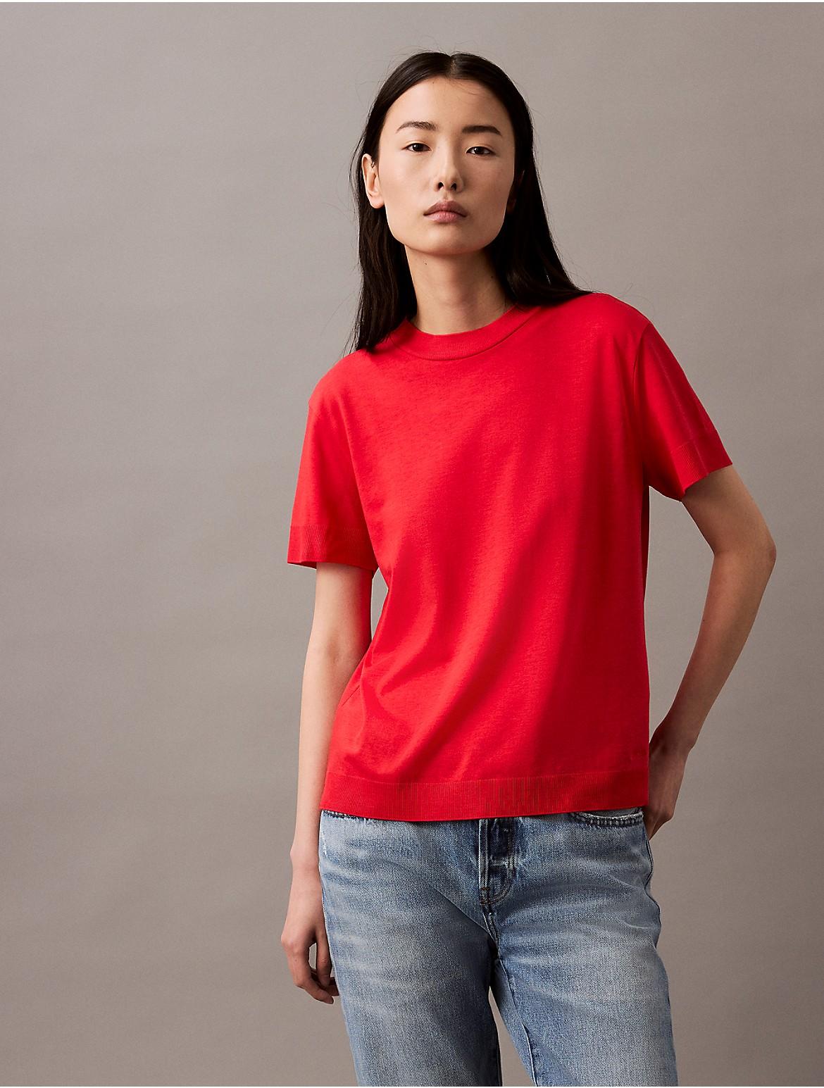 Calvin Klein Womens Fine Knit Mock Neck T-Shirt - Red Product Image
