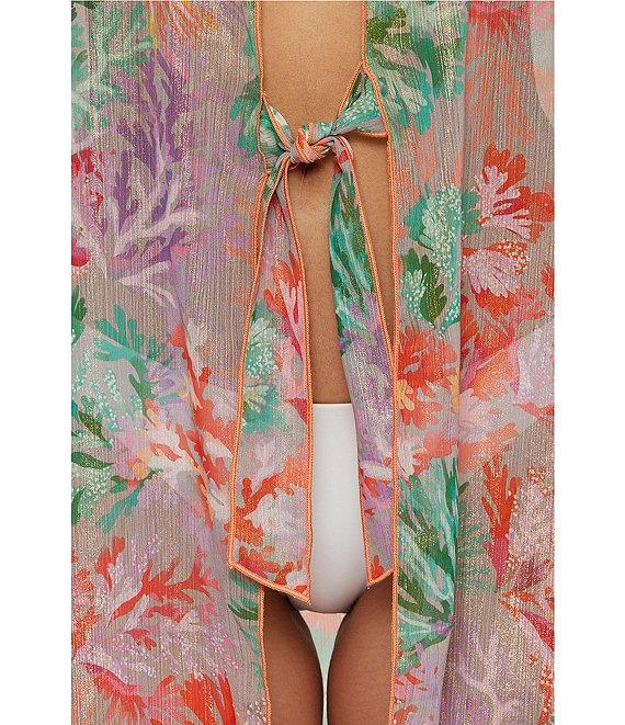 Becca By Rebecca Virtue Coral Reef Sheer knit Tie Front Kimono Swim Cover-Up Product Image