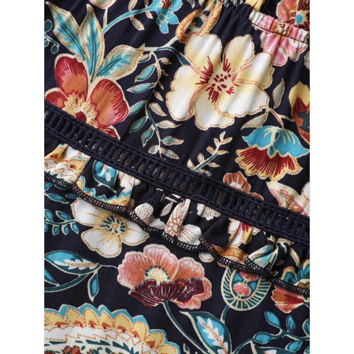 Plus Size Indigo Paisley Print Lace Ruffled Blouse Women Boho Short sleeve Mock Neck Vacation Blouses BloomChic 26/4X Product Image