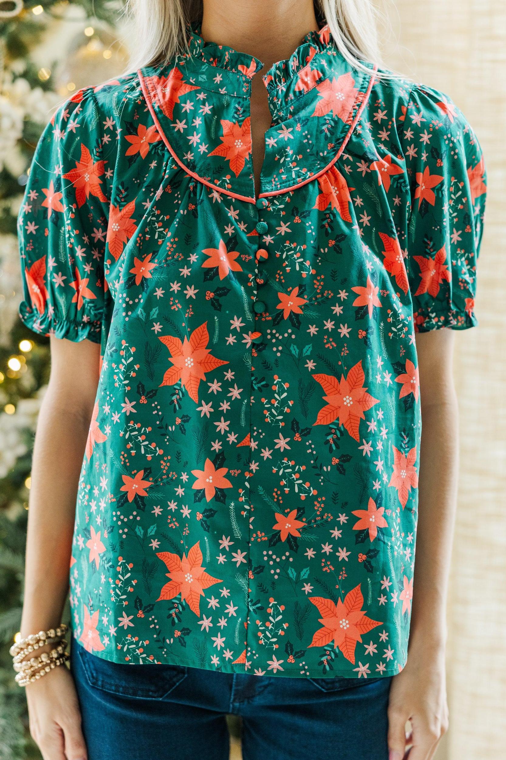 Keep It Up Emerald Floral Ruffled Blouse Female Product Image