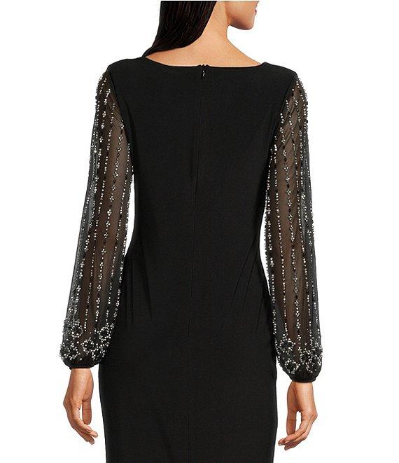 Marina Boat Neck Long Beaded Elastic Cuff Sleeve Matte Jersey Back Slit Sheath Gown Product Image