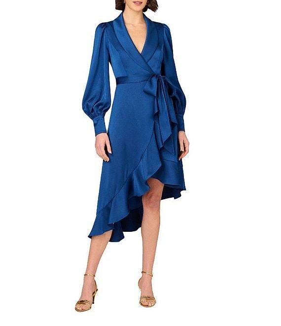 Aidan Mattox V-Neck Bishop Sleeve Asymmetrical Ruffle Hem Wrap Dress Product Image