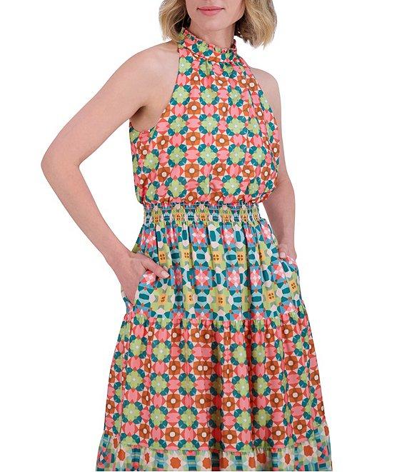 Vince Camuto Printed Halter Neckline Sleeveless Smocked Blouson Maxi Dress Product Image