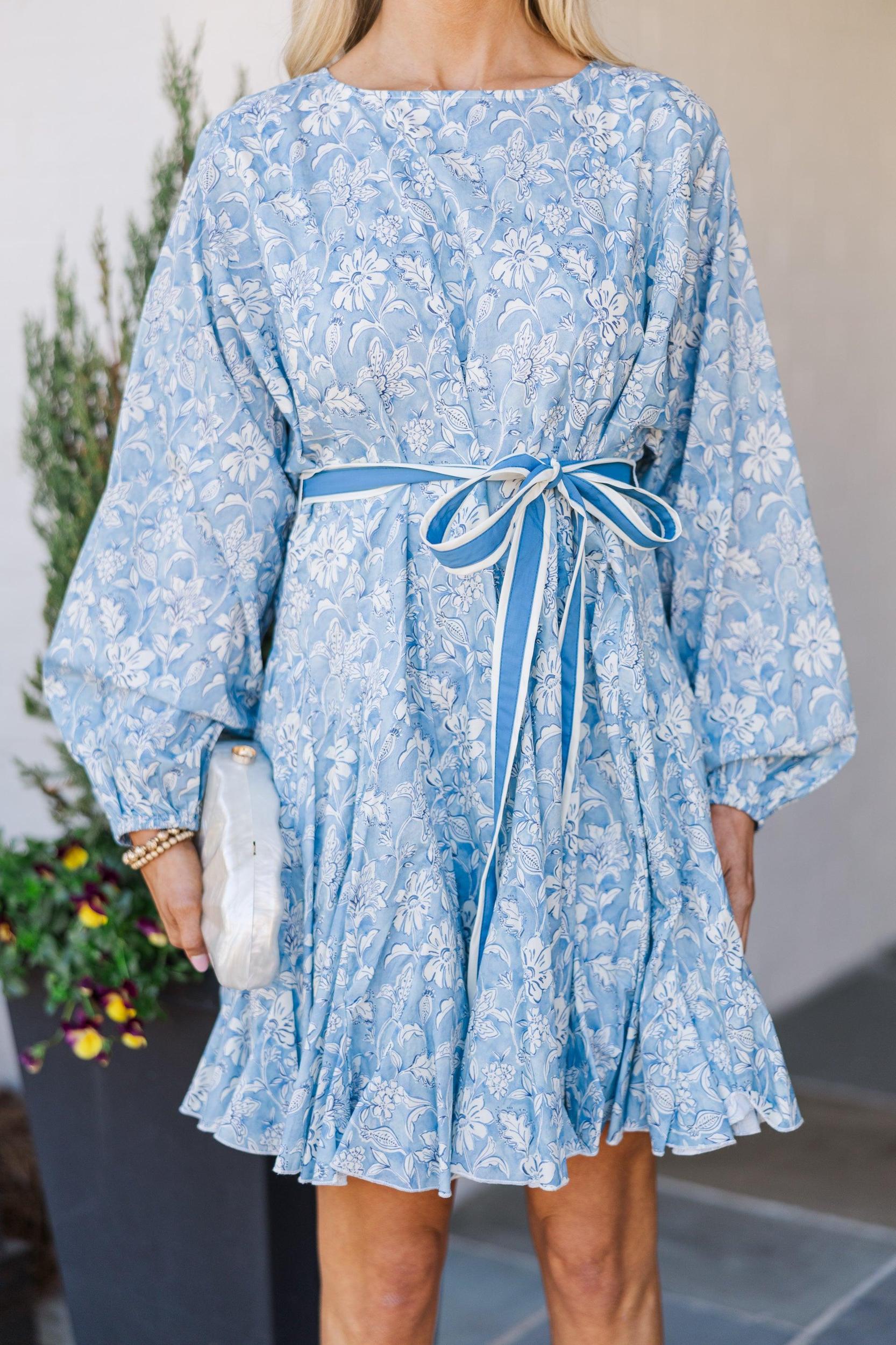 Stay Close Blue Floral Toile Tied Waist Dress Female Product Image