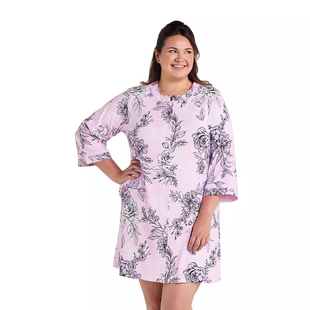Plus Size Miss Elaine Essentials Interlock Knit Short Snap Robe, Women's, Size: 3XL, Pink Print Product Image