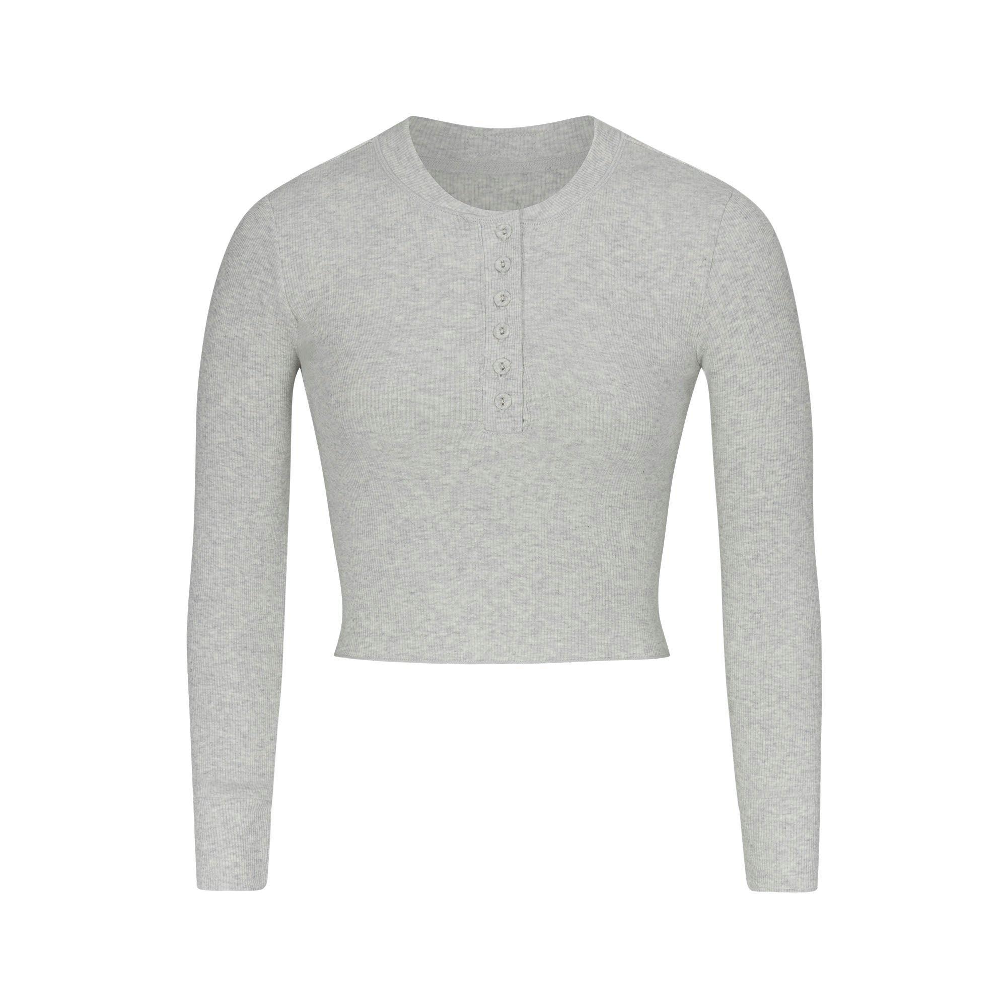 COTTON RIB LONG SLEEVE CROP HENLEY | LIGHT HEATHER GREY Product Image