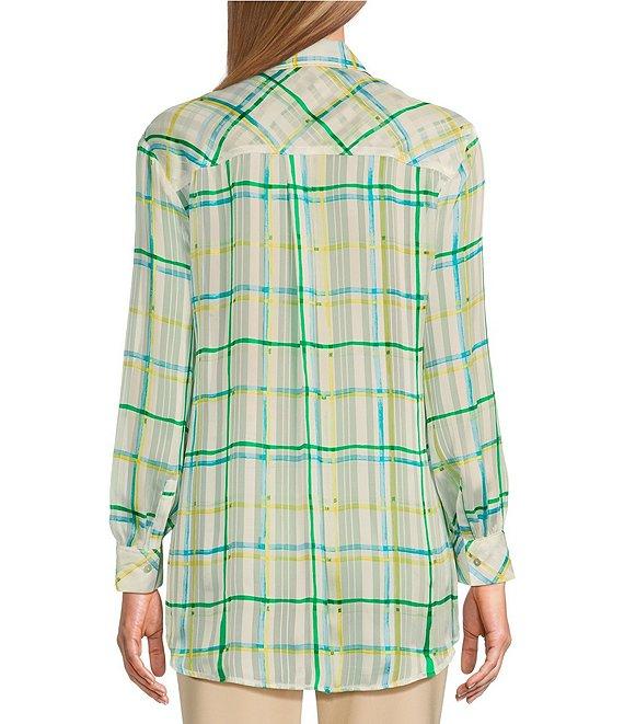 Investments Woven Multi Windowpane Plaid Long Sleeve Point Collar Button Front Top Product Image