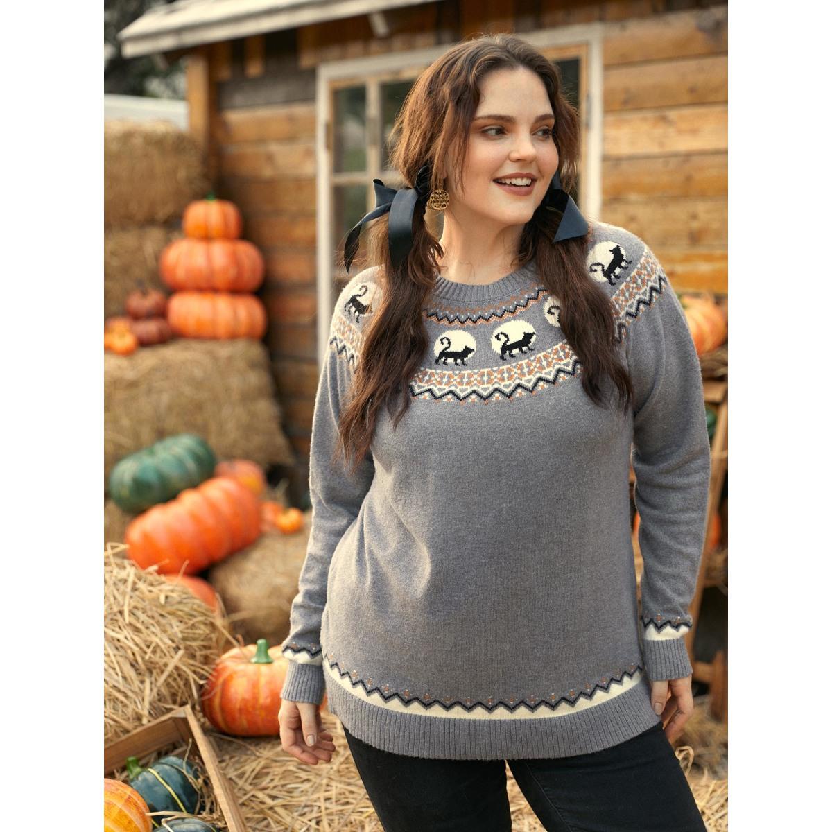 Plus Size Supersoft Essentials Wicked Cat Fair Isle Yoke Printed Pullover DarkGray Women Leisure Long Sleeve Round Neck Casual Pullovers BloomChic 26/4X Product Image