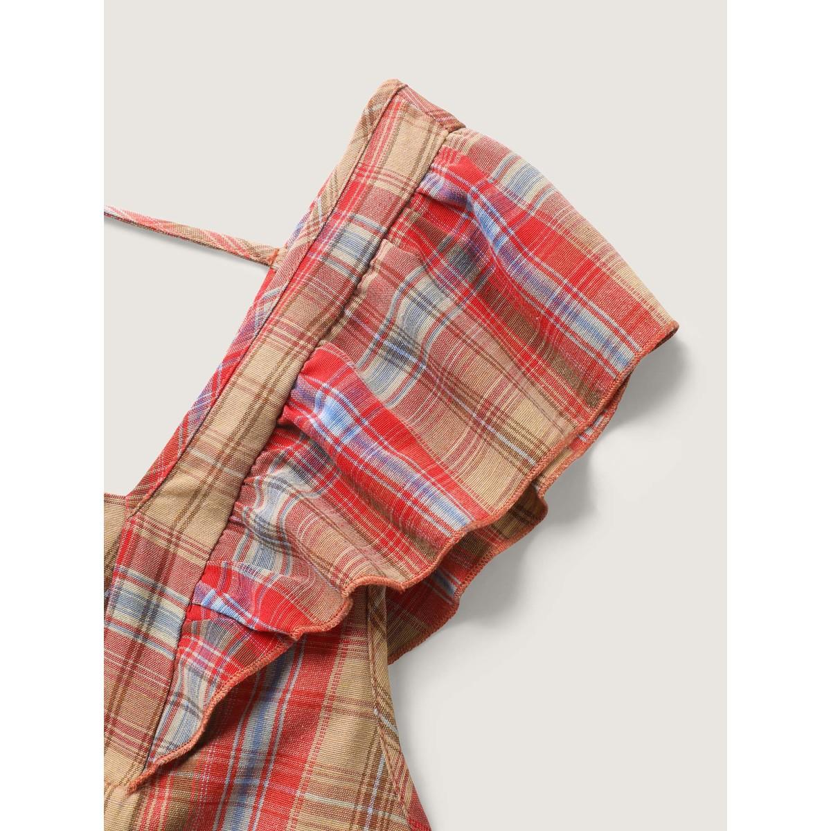 Plus Size Raspberry Plaid Print Flutter Sleeve Pleated Blouse Women Leisure Cap Sleeve Square Neck Casual Blouses BloomChic 28/5X Product Image