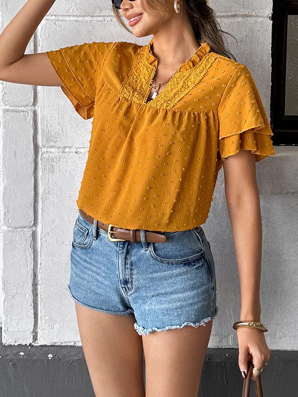Loose Ruffle Sleeves Jacquard Pleated Solid Color V-Neck Blouses&Shirts Tops Product Image