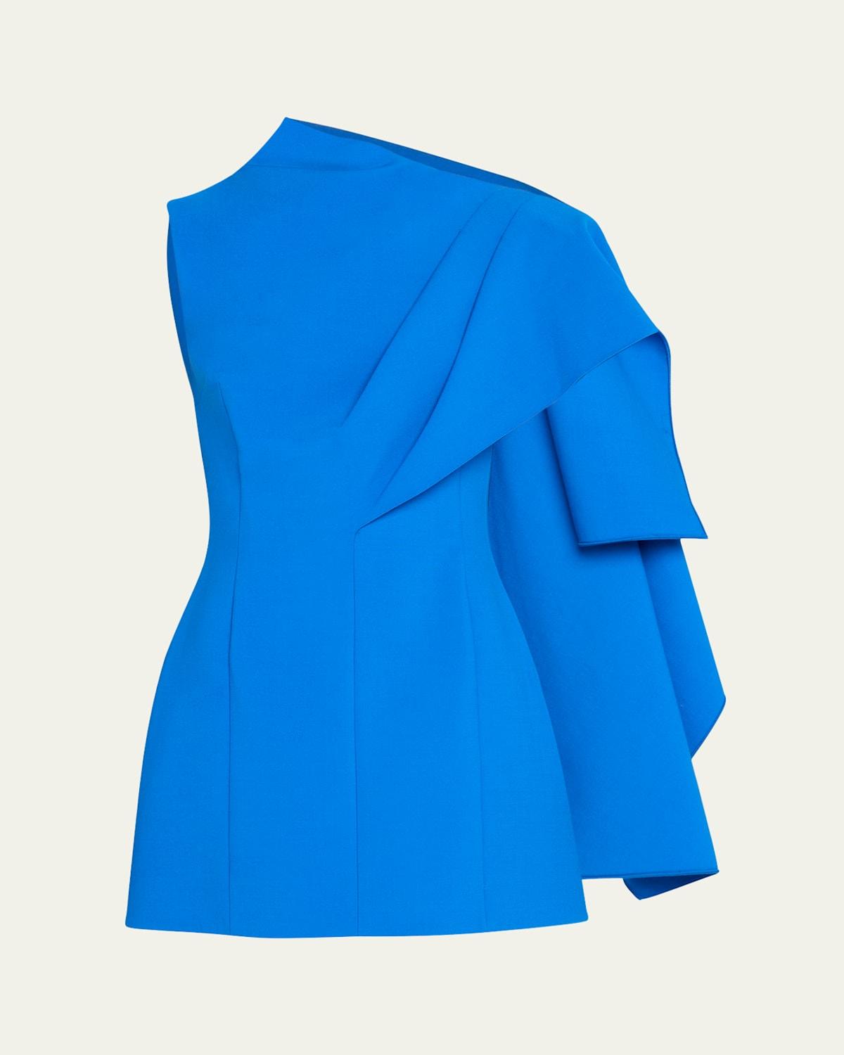OSCAR DE LA RENTA One Shoulder Cape Detail  Stretch Wool Dress In Lapis Product Image