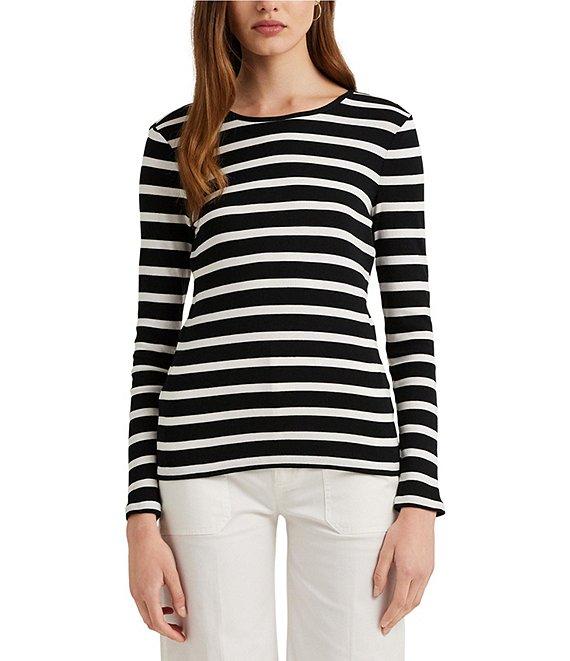 Lauren Ralph Lauren Cotton Stripe Crew Neck Long Sleeve Slim Fit Top Product Image