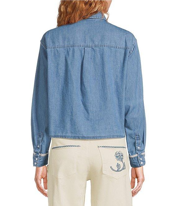 Driftwood Denim Point Collar Long Sleeve Embroidered Floral Applique Shirt Product Image