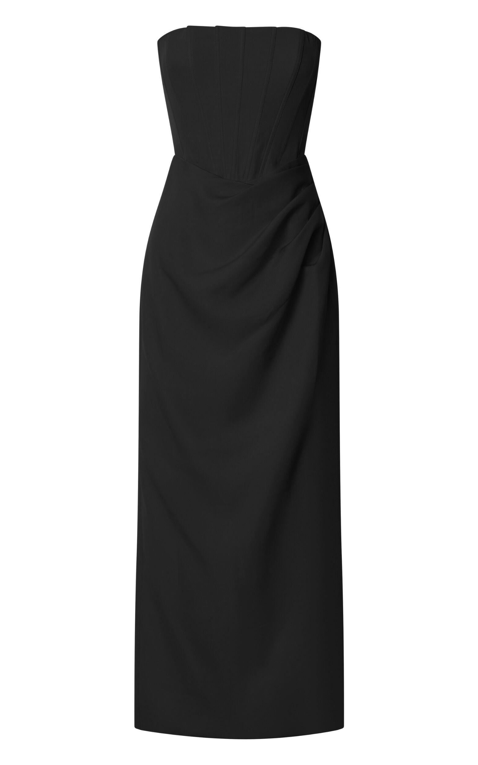 Avery Midi Dress - Strapless Draped Side Split Dress in Black Product Image