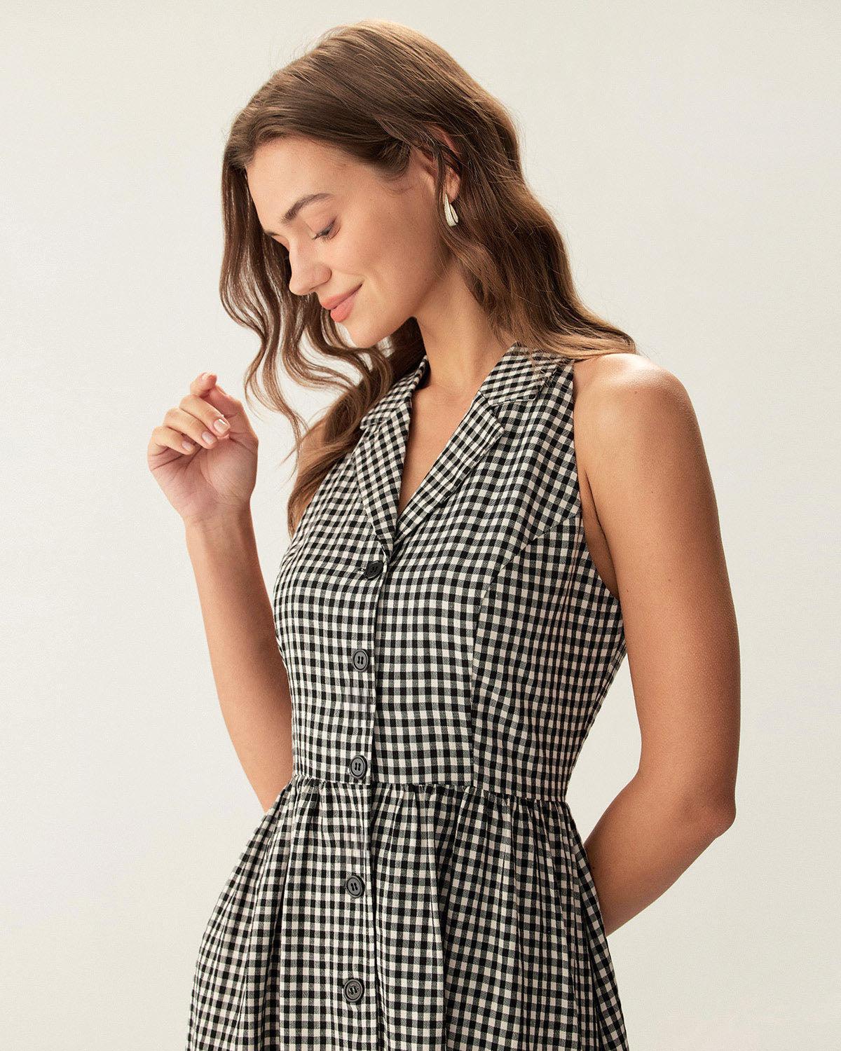 Black Plaid Sleeveless Button Midi Dress Product Image