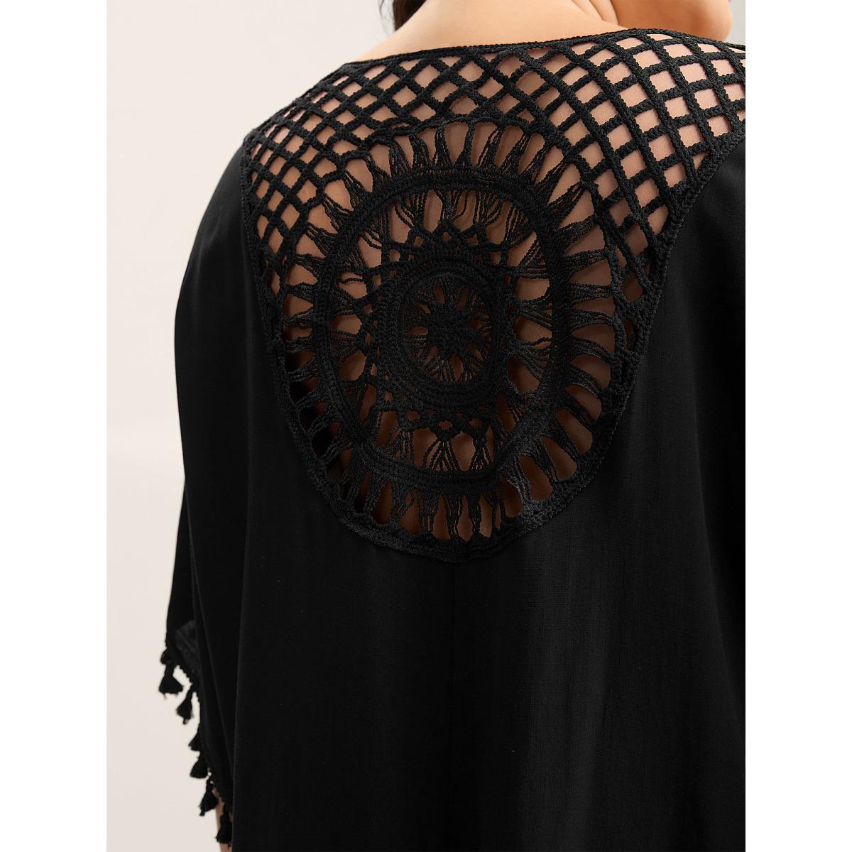 Plus Size Backless Front-Tie Tassels Kimono Women Black Tie knot Loose Vacation Kimonos BloomChic 10/M Product Image