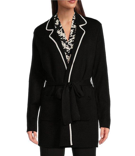 Calvin Klein Contrast Tie-Front Notch Lapel Long Sleeve Sweater Product Image