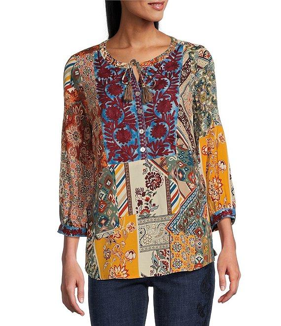John Mark Woven Embroidered Split V-Neck 3/4 Sleeve Tunic Product Image