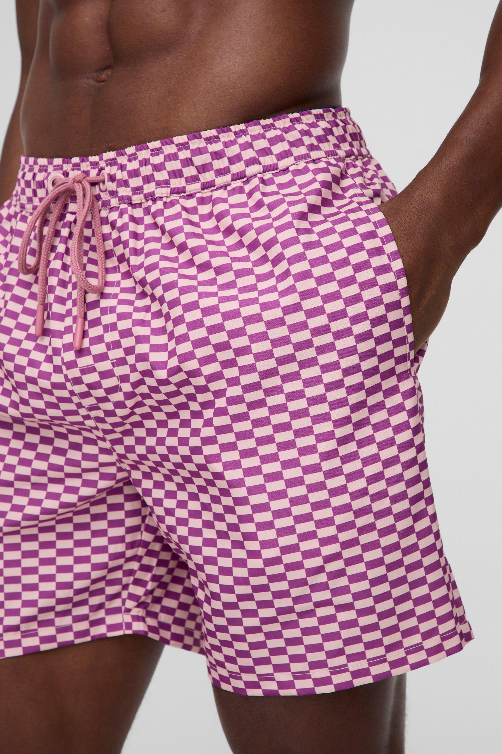 Mid Length Checkerboard Swim Trunks | boohooMAN USA Product Image