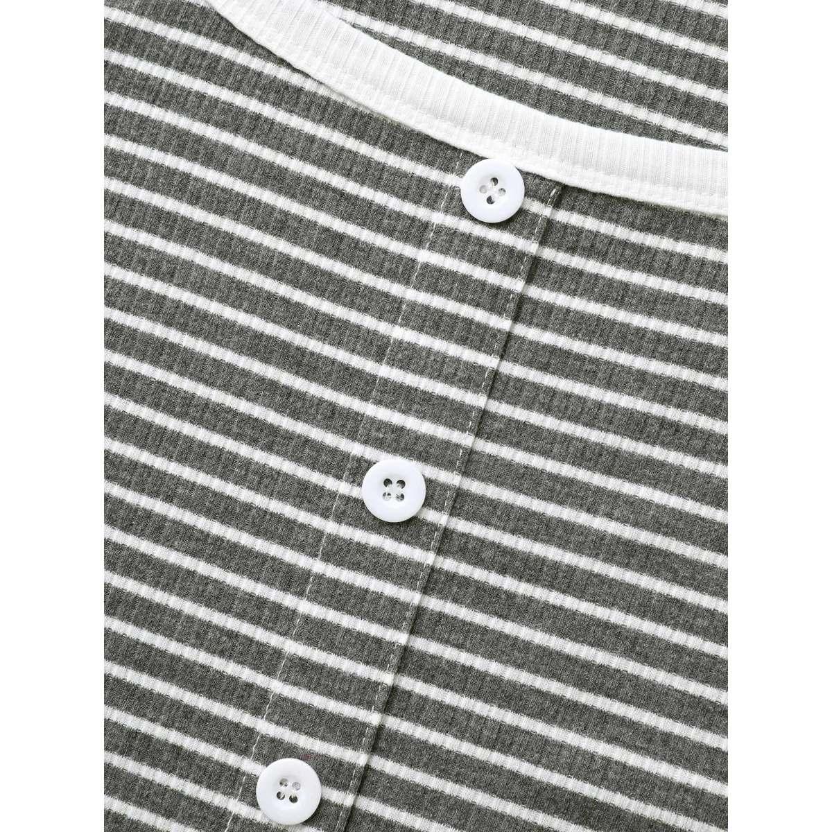 Plus Size U Neck Striped Button Detail T-shirt DimGray Women Casual Texture U-neck Everyday T-shirts BloomChic 12/L Product Image