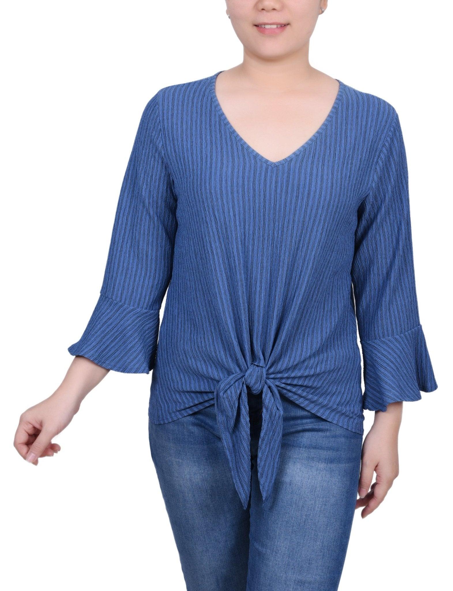 3/4 Length Bell Sleeve Textured Knit Top - Petite Product Image