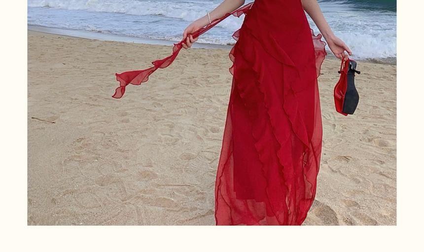 Sleeveless Scoop Neck Plain Ruffle Trim Slit Maxi Sheath Dress Product Image