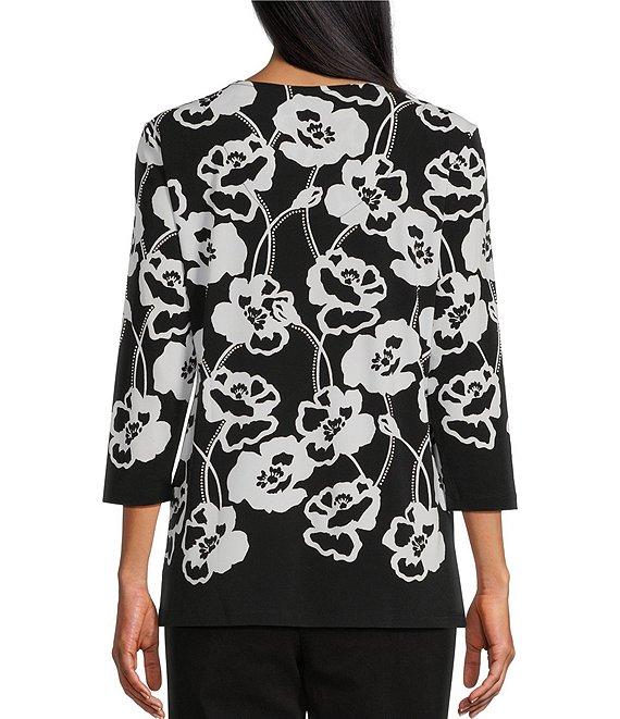 Allison Daley Petite Size Floral Print 3/4 Sleeve Criss Cross V-Neck Knit Top Product Image