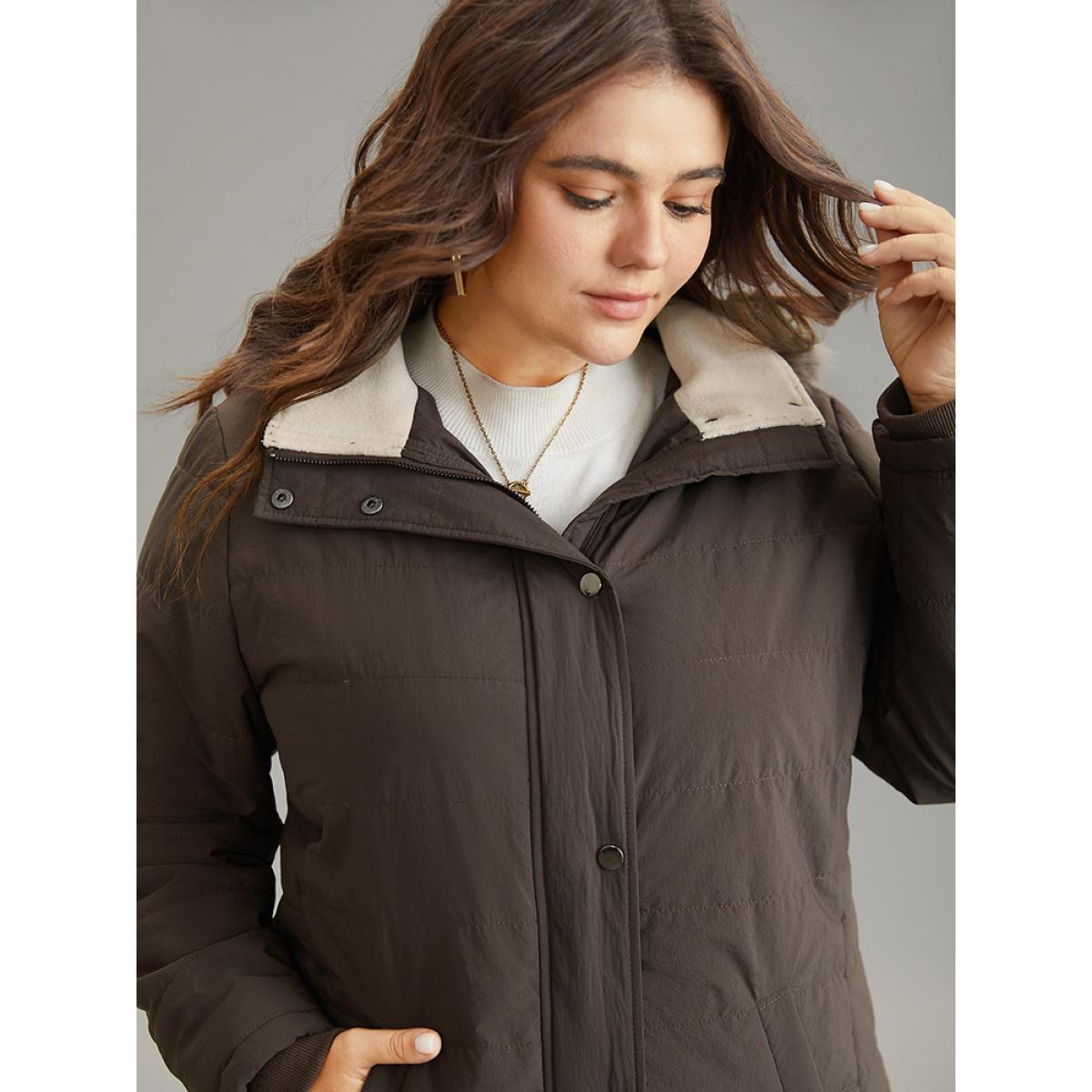 Plus Size Contrast Pocket Fuzzy Detail Zipper Fly Coat Women DarkBrown Casual Rib Knit Ladies Dailywear Winter Coats BloomChic 26/4X Product Image