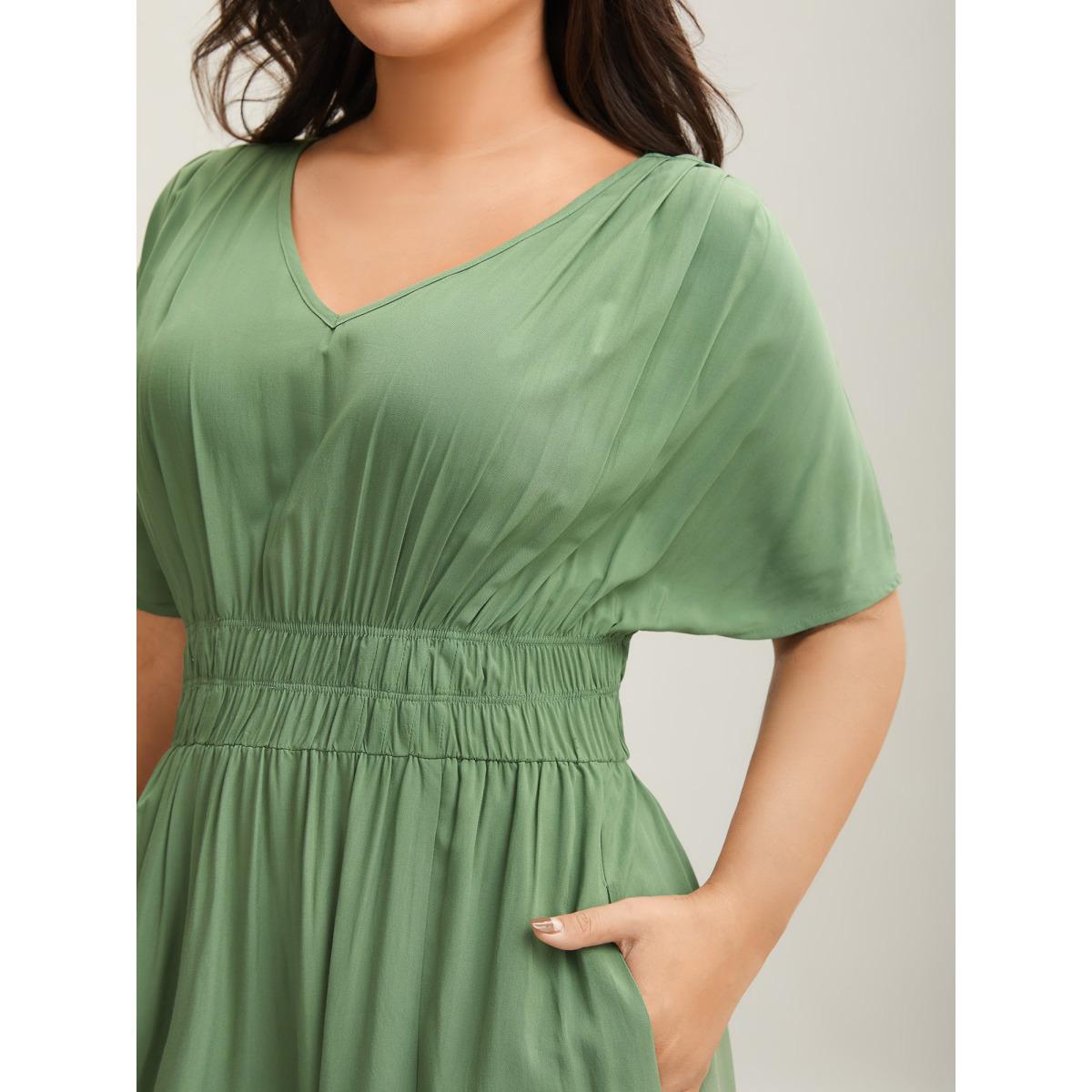 Plus Size Pleated Solid Color Slit Maxi Dress Sage Women Elegant Gathered V-neck Short sleeve Curvy BloomChic 14-16/1X Product Image
